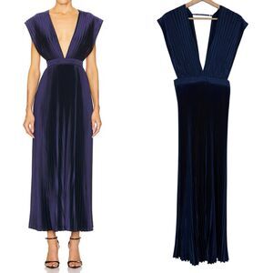 L'IDEE Womens Gala Gown Pleated Maxi Dress Size 8/S Midnight Navy Blue Satin